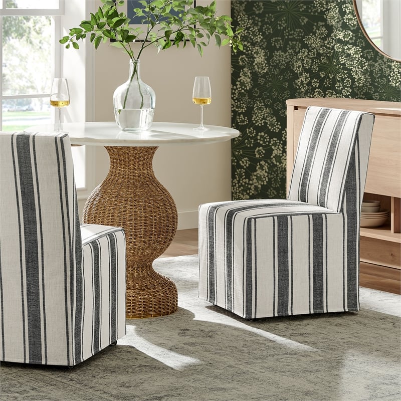 Maklaine Striped Slipcovered Dining Side Chair in Black Stripe