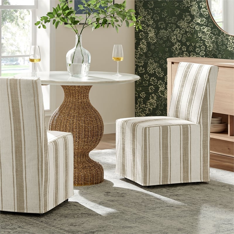 Maklaine Striped Slipcovered Dining Side Chair in Tan Stripe