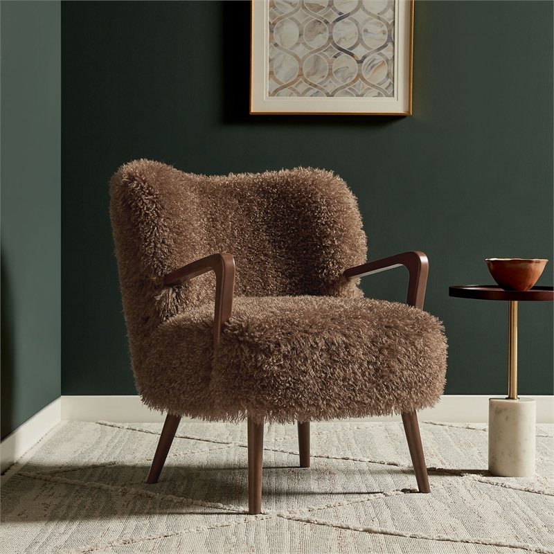 Maklaine Contemporary Faux Shearling Accent Armchair in Brown