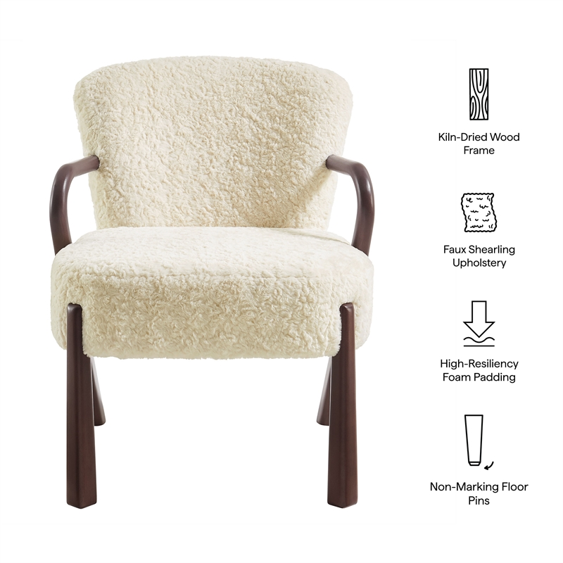 Maklaine Contemporary Faux Shearling Accent Armchair in Ecru