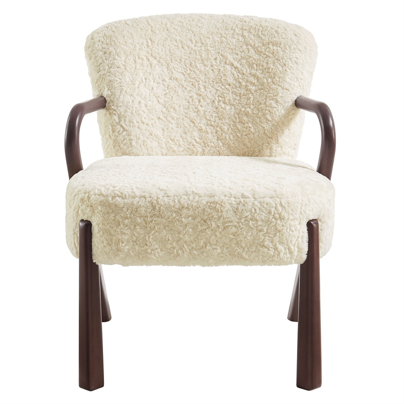 Maklaine Contemporary Faux Shearling Accent Armchair in Ecru