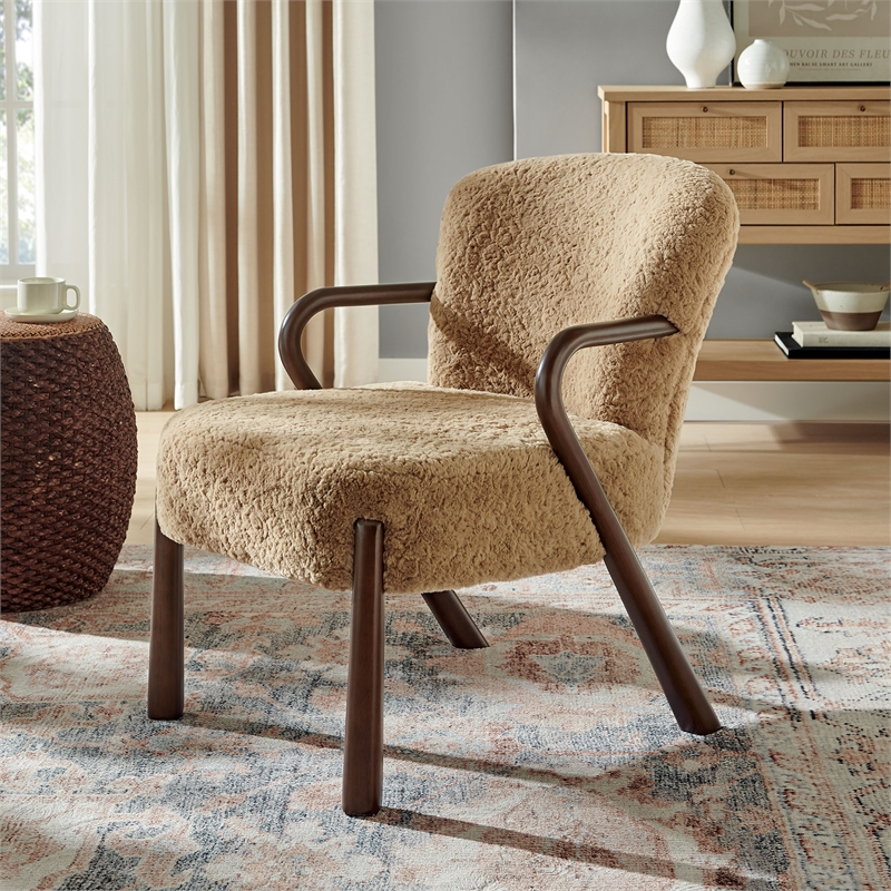 Maklaine Contemporary Faux Shearling Accent Armchair in Sand