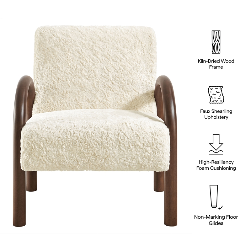 Maklaine Contemporary Faux Shearling Accent Armchair in Ecru