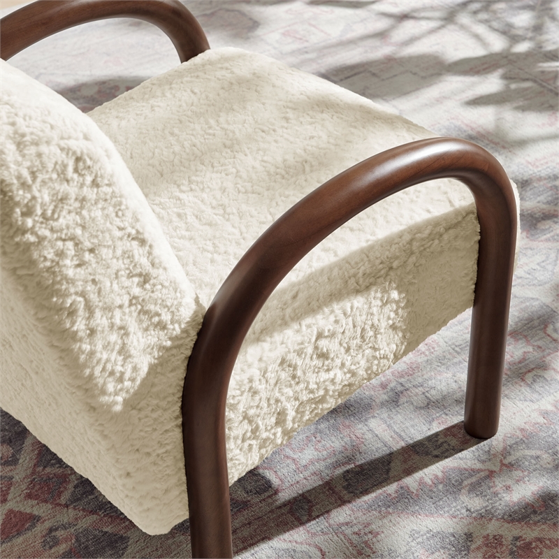 Maklaine Contemporary Faux Shearling Accent Armchair in Ecru