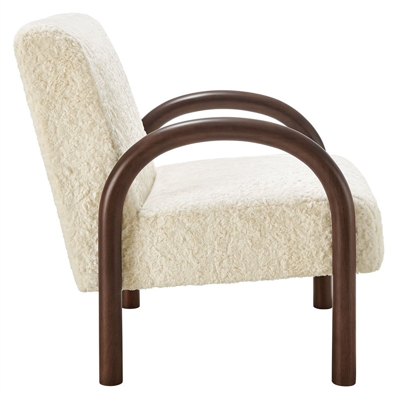 Maklaine Contemporary Faux Shearling Accent Armchair in Ecru