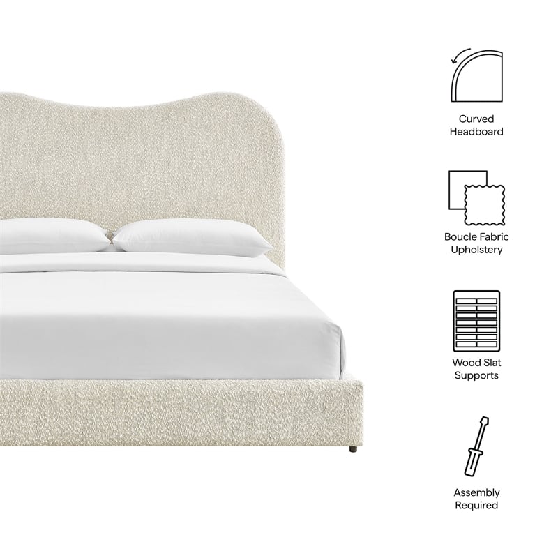 Maklaine Contemporary Curved Padded Headboard Boucle Queen Platform Bed in White