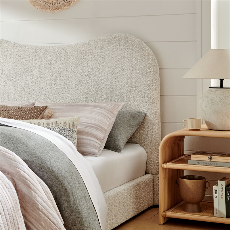 Maklaine Contemporary Curved Padded Headboard Boucle Queen Platform Bed in White