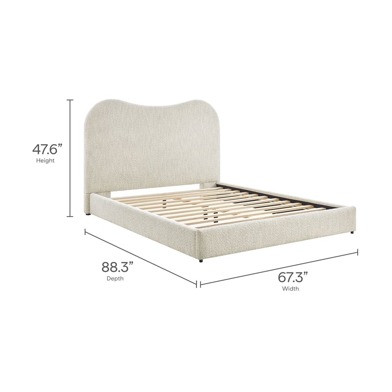Maklaine Contemporary Curved Padded Headboard Boucle Queen Platform Bed in White