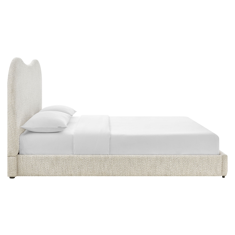 Maklaine Contemporary Curved Padded Headboard Boucle Queen Platform Bed in White