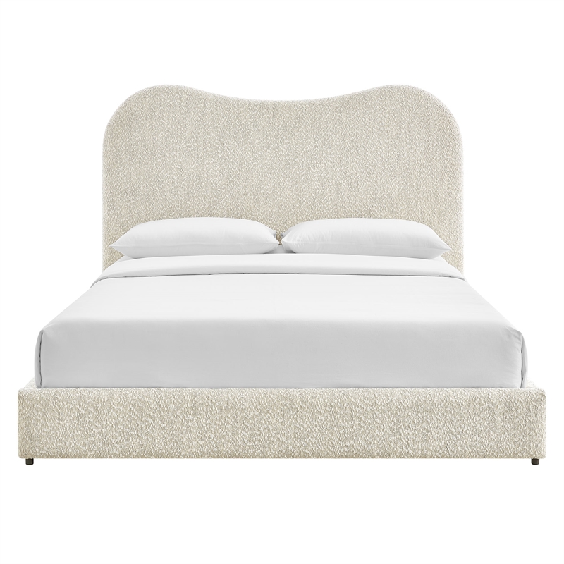 Maklaine Contemporary Curved Padded Headboard Boucle Queen Platform Bed in White