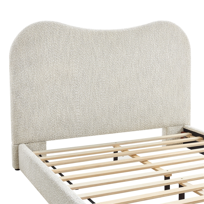 Maklaine Contemporary Curved Padded Headboard Boucle Queen Platform Bed in White