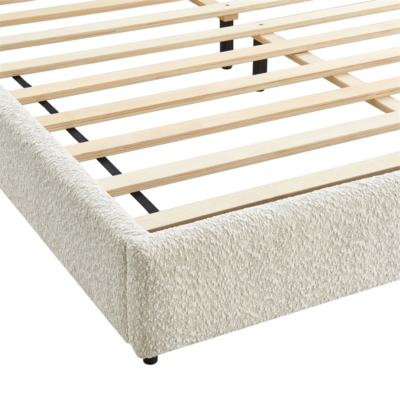 Maklaine Contemporary Curved Padded Headboard Boucle Queen Platform Bed in White