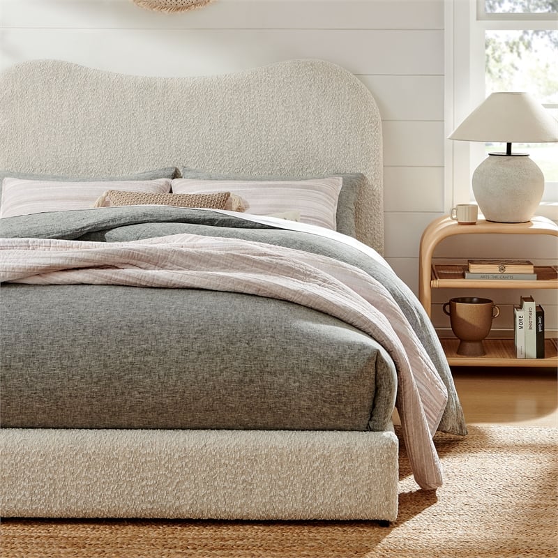 Maklaine Contemporary Curved Padded Headboard Boucle Queen Platform Bed in White