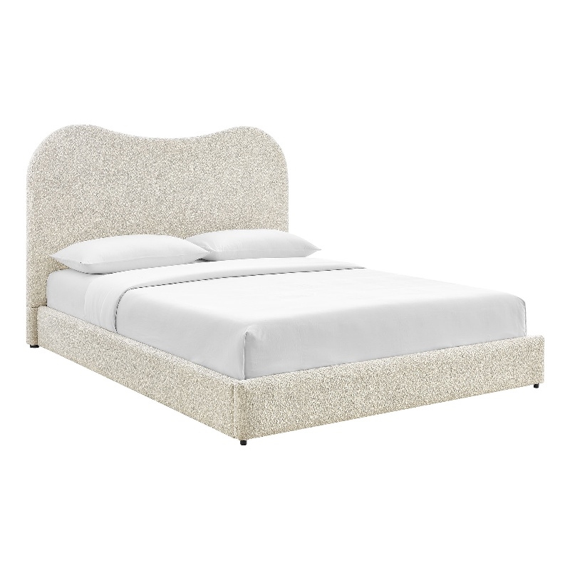 Maklaine Contemporary Curved Padded Headboard Boucle Queen Platform Bed in White