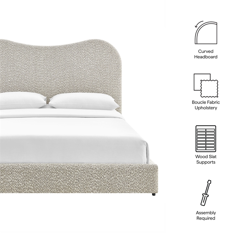 Maklaine Contemporary Curved Padded Headboard Boucle Queen Platform Bed in Gray