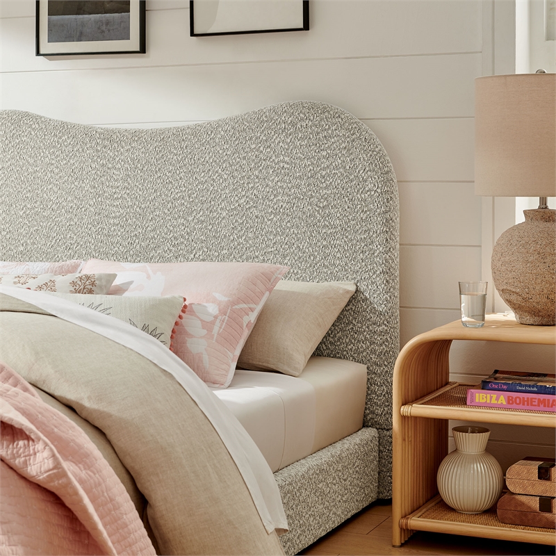 Maklaine Contemporary Curved Padded Headboard Boucle Queen Platform Bed in Gray