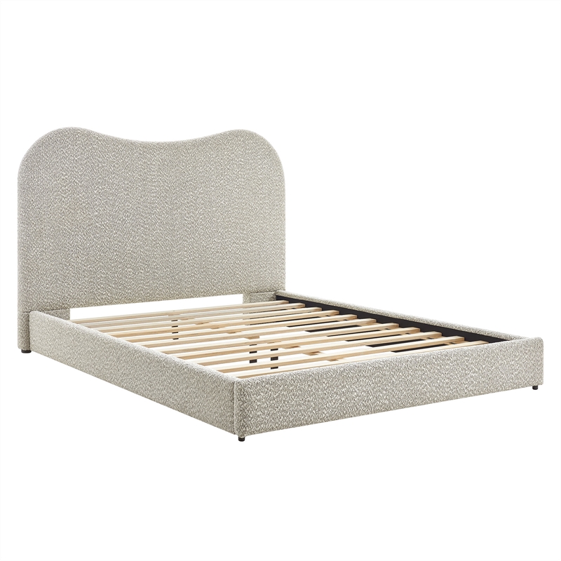 Maklaine Contemporary Curved Padded Headboard Boucle Queen Platform Bed in Gray