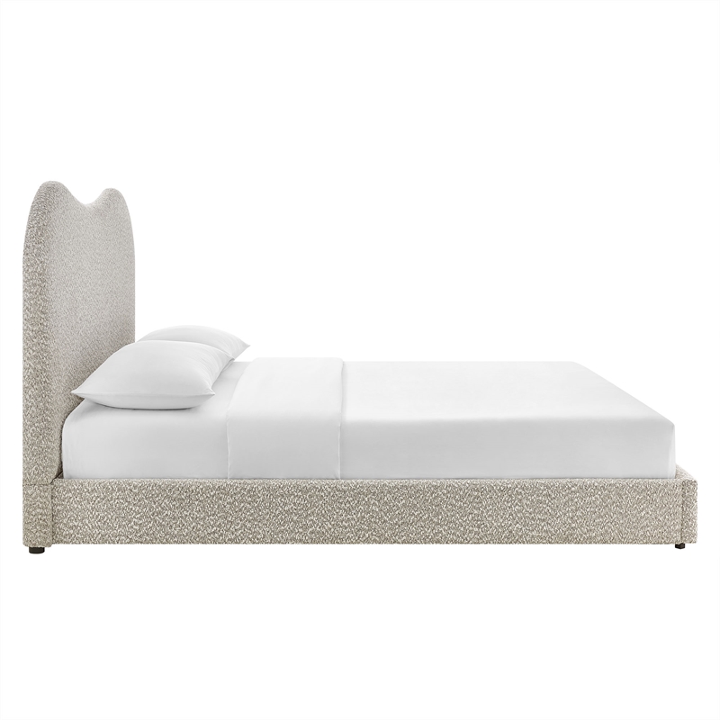 Maklaine Contemporary Curved Padded Headboard Boucle Queen Platform Bed in Gray