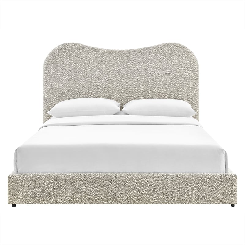 Maklaine Contemporary Curved Padded Headboard Boucle Queen Platform Bed in Gray