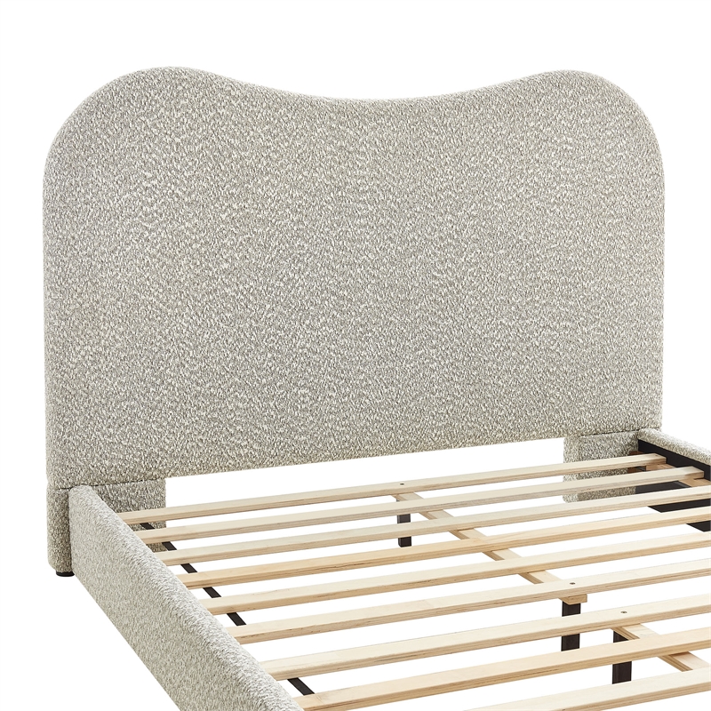 Maklaine Contemporary Curved Padded Headboard Boucle Queen Platform Bed in Gray