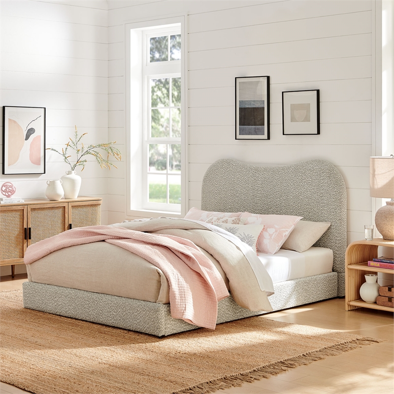 Maklaine Contemporary Curved Padded Headboard Boucle Queen Platform Bed in Gray