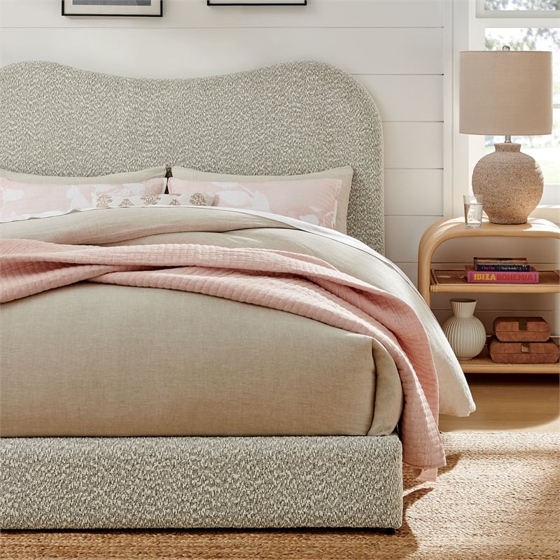 Maklaine Contemporary Curved Padded Headboard Boucle Queen Platform Bed in Gray