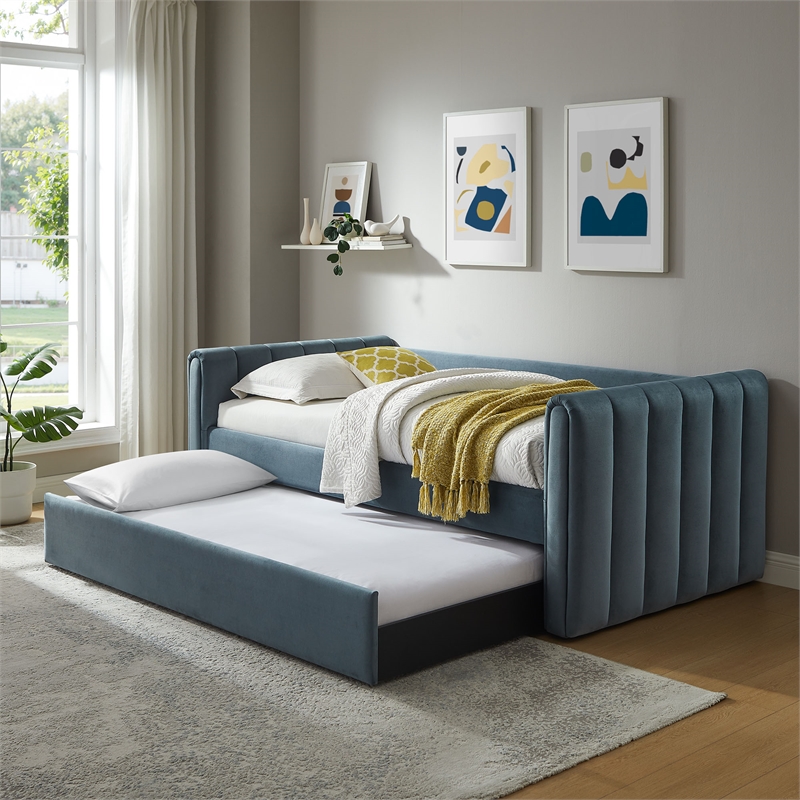 Maklaine Channel Tufted Performance Velvet Twin Daybed With Trundle in Blue