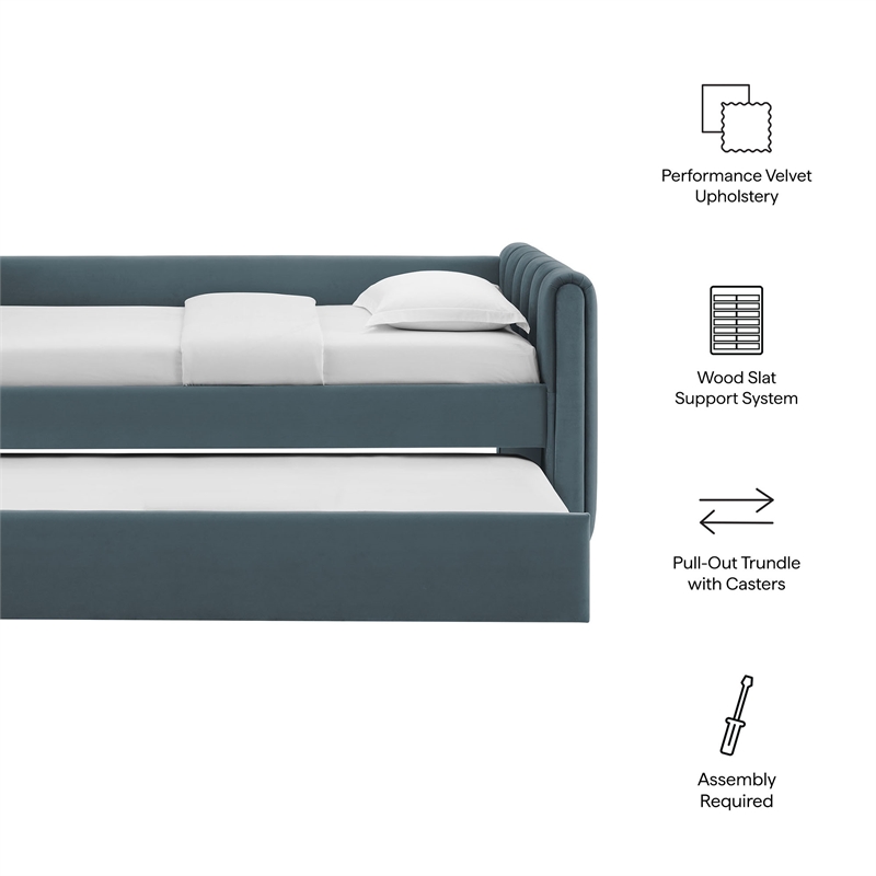 Maklaine Channel Tufted Performance Velvet Twin Daybed With Trundle in Blue