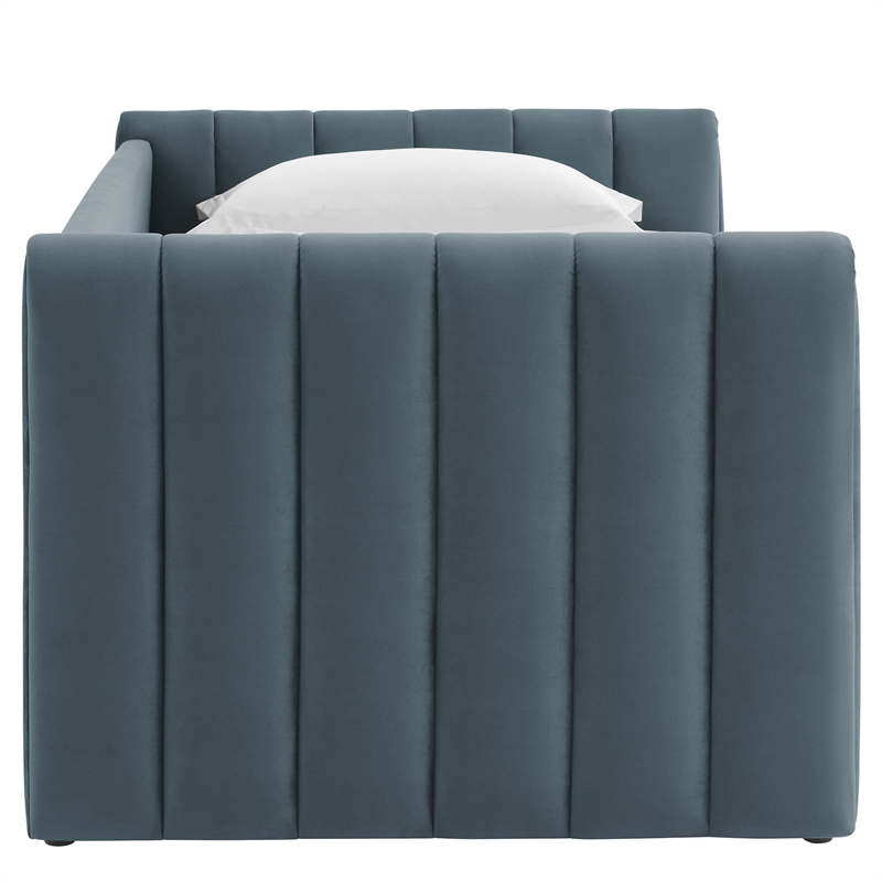 Maklaine Channel Tufted Performance Velvet Twin Daybed With Trundle in Blue