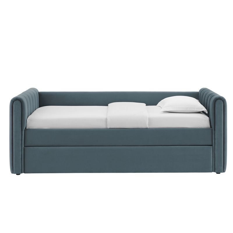 Maklaine Channel Tufted Performance Velvet Twin Daybed With Trundle in Blue