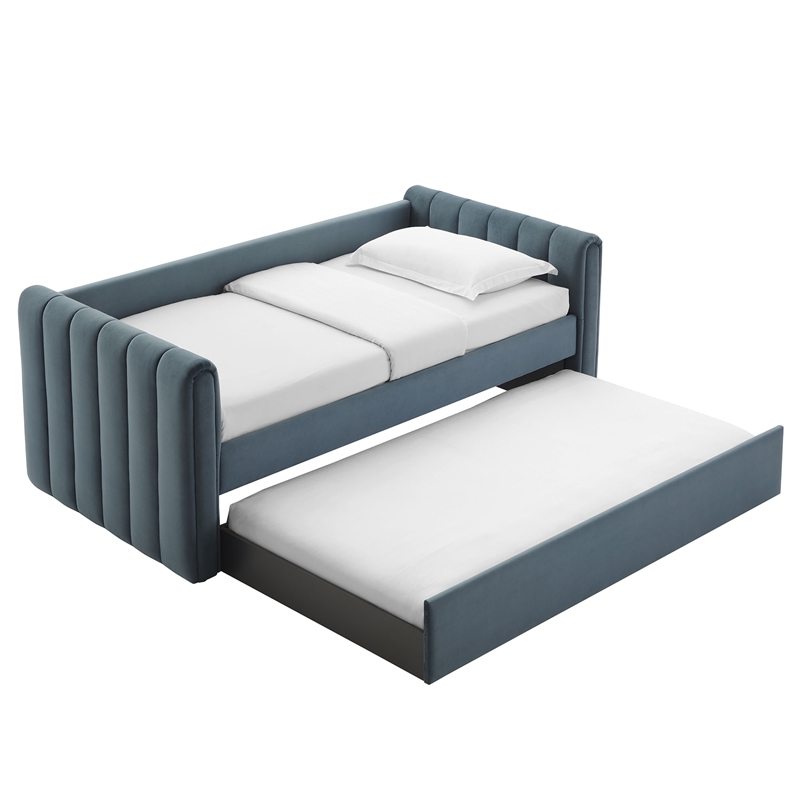 Maklaine Channel Tufted Performance Velvet Twin Daybed With Trundle in Blue