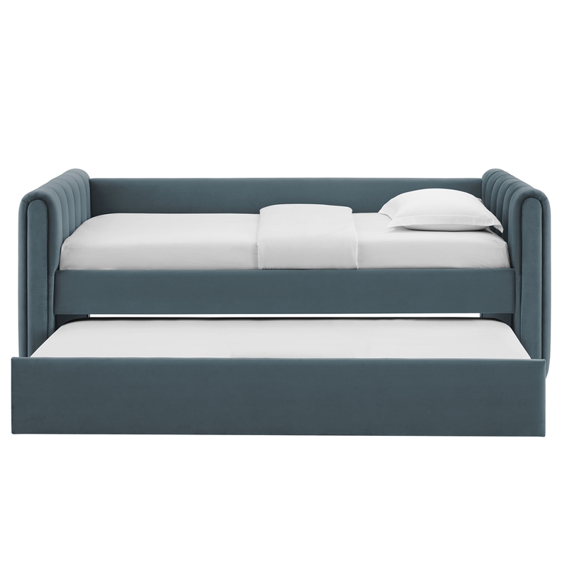 Maklaine Channel Tufted Performance Velvet Twin Daybed With Trundle in Blue