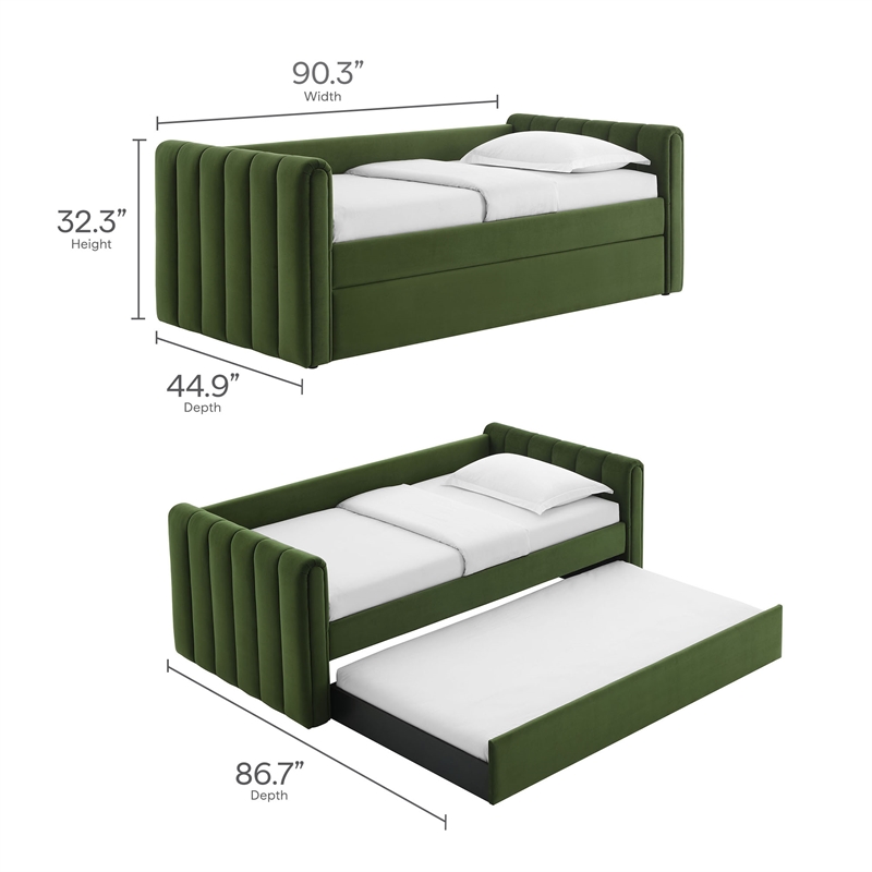 Maklaine Channel Tufted Performance Velvet Twin Daybed With Trundle in Green