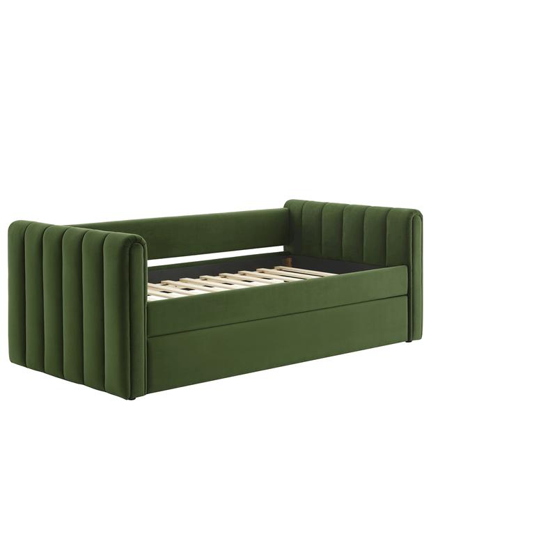 Maklaine Channel Tufted Performance Velvet Twin Daybed With Trundle in Green