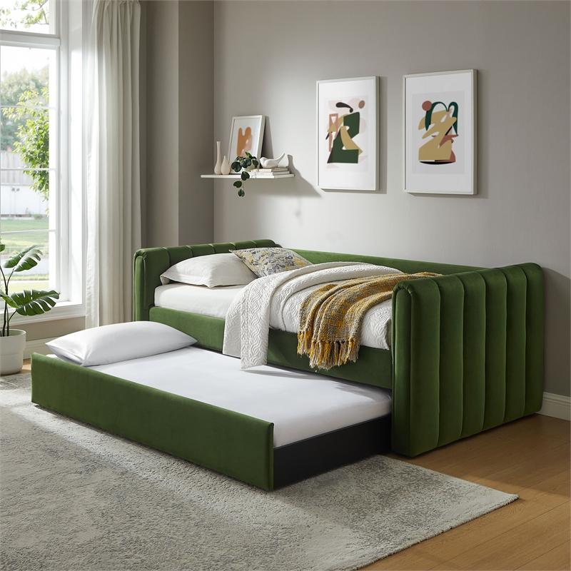 Maklaine Channel Tufted Performance Velvet Twin Daybed With Trundle in Green