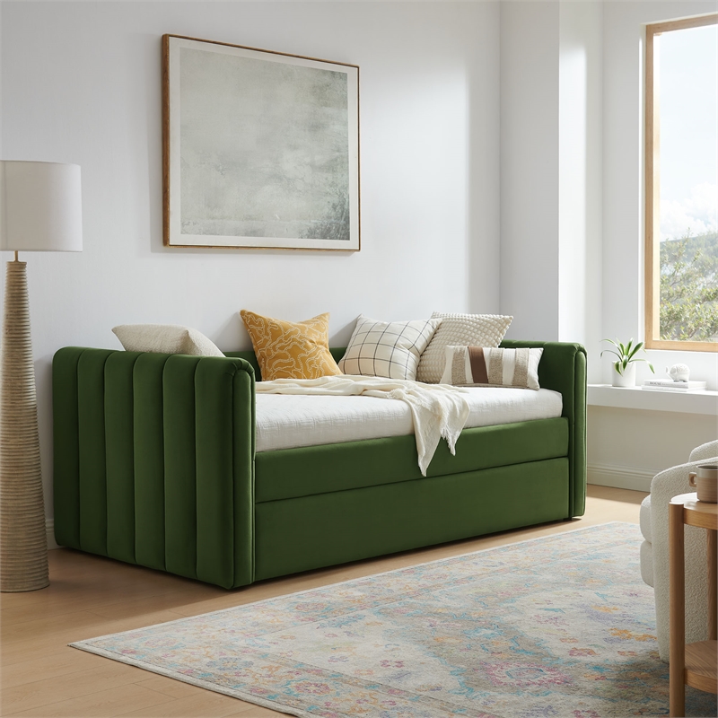 Maklaine Channel Tufted Performance Velvet Twin Daybed With Trundle in Green