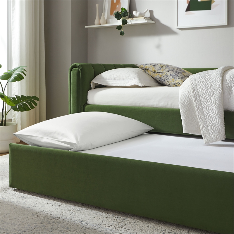 Maklaine Channel Tufted Performance Velvet Twin Daybed With Trundle in Green