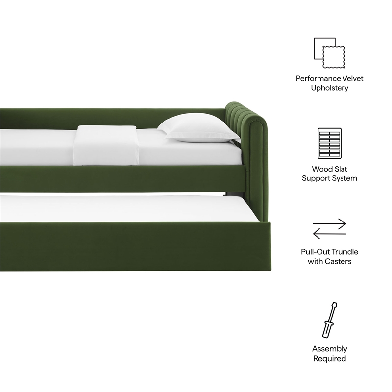 Maklaine Channel Tufted Performance Velvet Twin Daybed With Trundle in Green