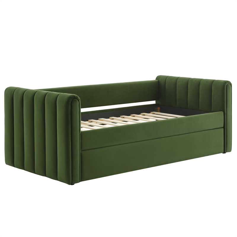 Maklaine Channel Tufted Performance Velvet Twin Daybed With Trundle in Green