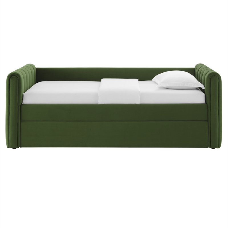 Maklaine Channel Tufted Performance Velvet Twin Daybed With Trundle in Green