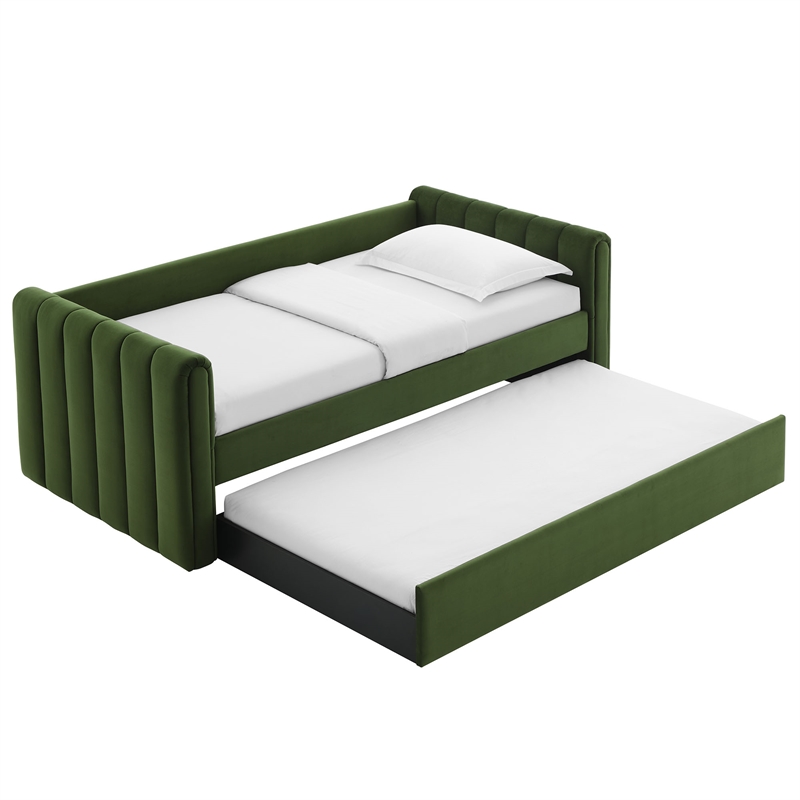 Maklaine Channel Tufted Performance Velvet Twin Daybed With Trundle in Green