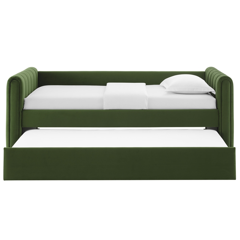 Maklaine Channel Tufted Performance Velvet Twin Daybed With Trundle in Green