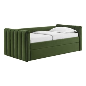 Maklaine Channel Tufted Performance Velvet Twin Daybed With Trundle in Green