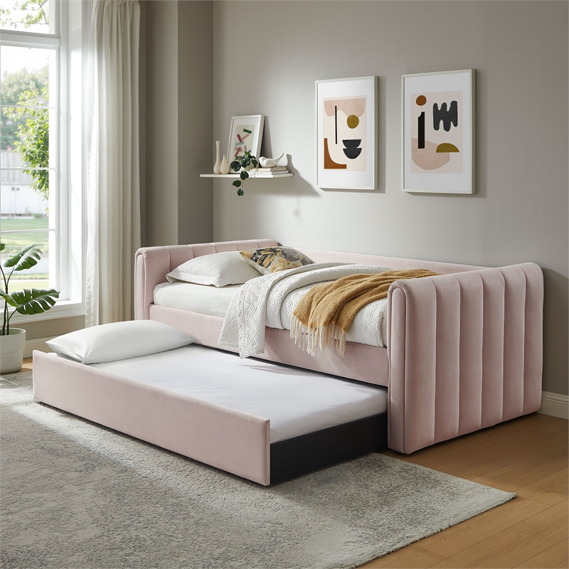 Maklaine Channel Tufted Performance Velvet Twin Daybed With Trundle in Red