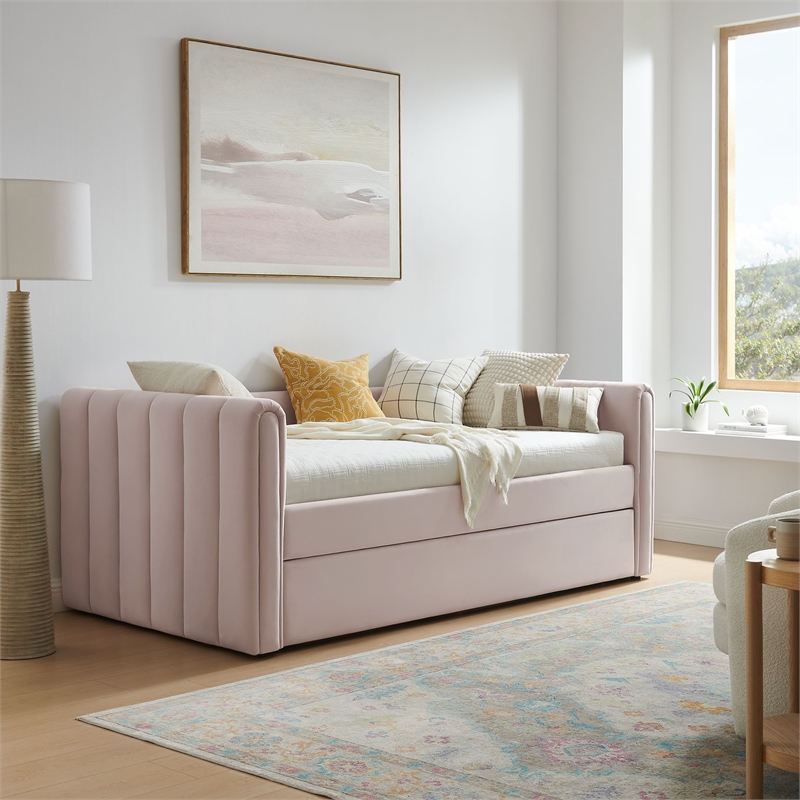 Maklaine Channel Tufted Performance Velvet Twin Daybed With Trundle in Red