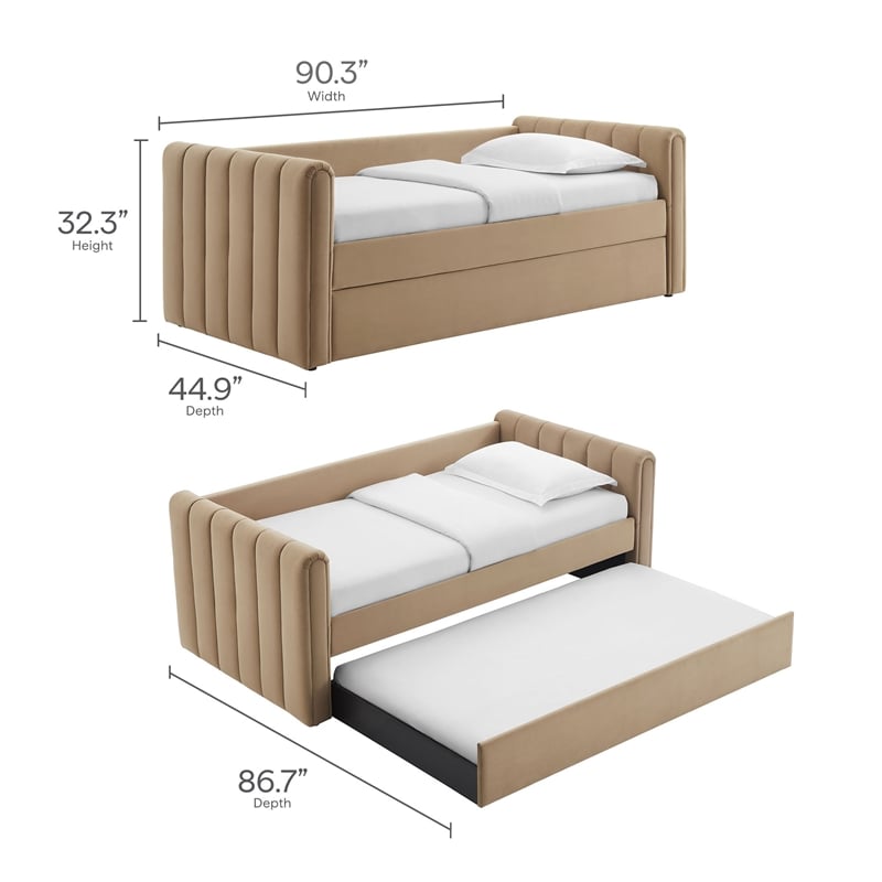 Maklaine Channel Tufted Performance Velvet Twin Daybed With Trundle in Brown
