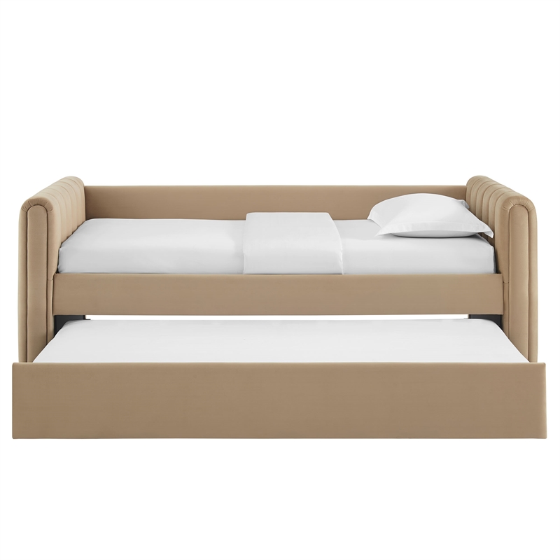 Maklaine Channel Tufted Performance Velvet Twin Daybed With Trundle in Brown