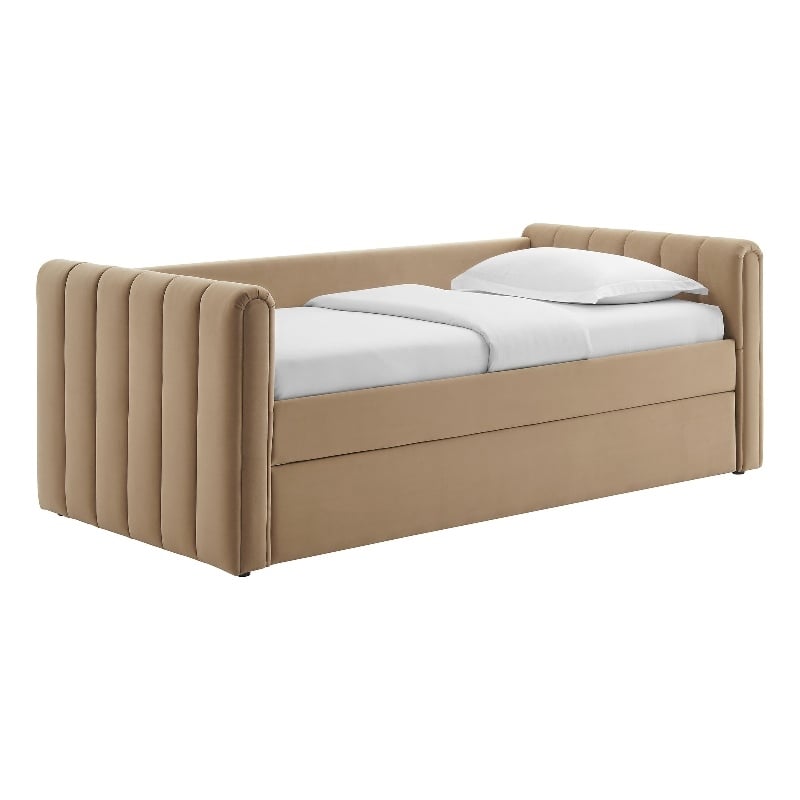 Maklaine Channel Tufted Performance Velvet Twin Daybed With Trundle in Brown