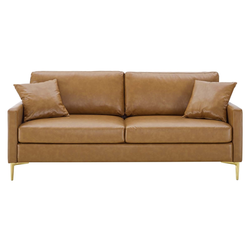 Maklaine Contemporary Faux Leather Upholstered Sofa in Tan & Gold