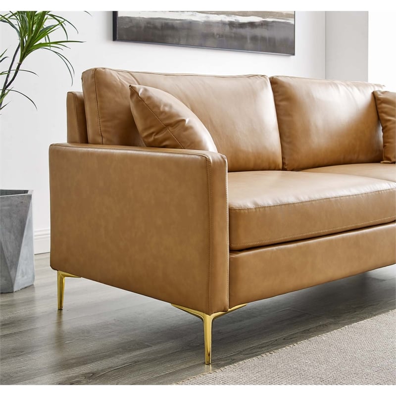 Maklaine Contemporary Faux Leather Upholstered Sofa in Tan & Gold